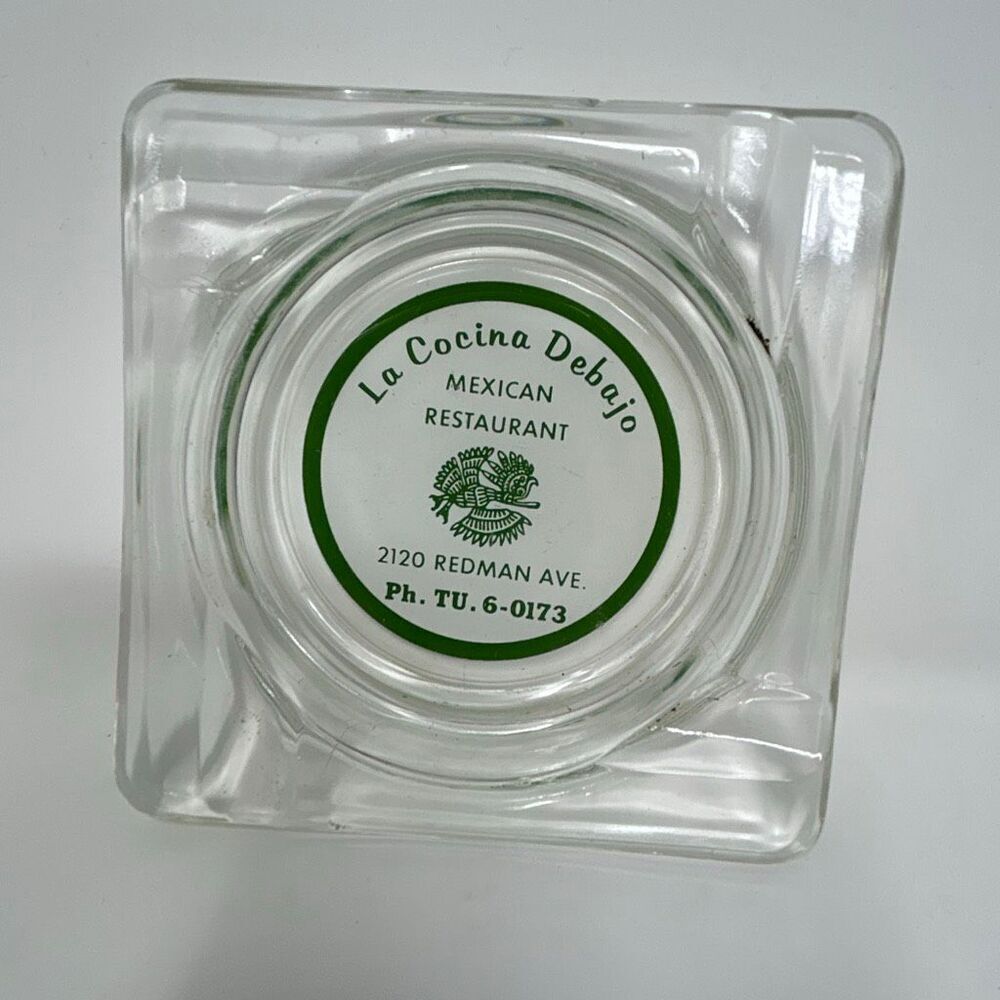 Vtg Mexican Restaurant Ashtray La Cocina Debajo Clear Glass Square Aztec Bird Gr